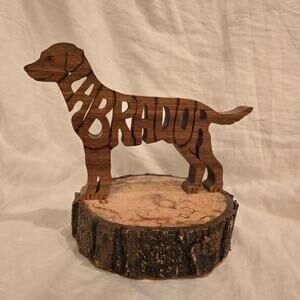 Labrador Wood Carved Scroll on Raw Wood Disc Stand 8"